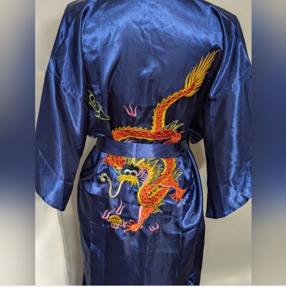 Golden Dragon Bathrobe Kimono Size Large Blue Silky Vintage - Picture 6 of 12